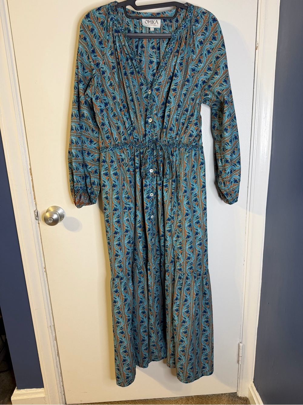 Omika Paisley Button-Front Teal Maxi Dress with Drawstring Waist Medium